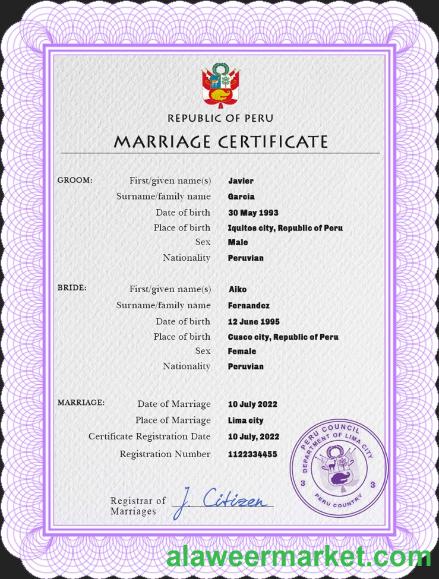 Peru marriage certificate PSD template